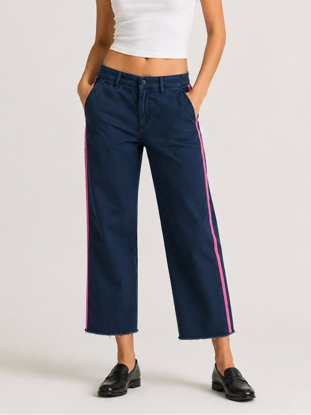 Sundry Navy Wide-Leg Jeans with Pink Side Stripe